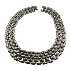 Vintage Basket Weave Panther Link Mesh Brick Work Silver Tone Statement Necklace